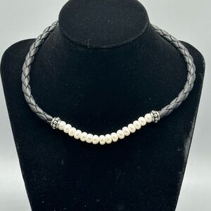 HONORA Freshwater Pearl Black Leather Necklace Choker 925 Sterling Silver 15.5"